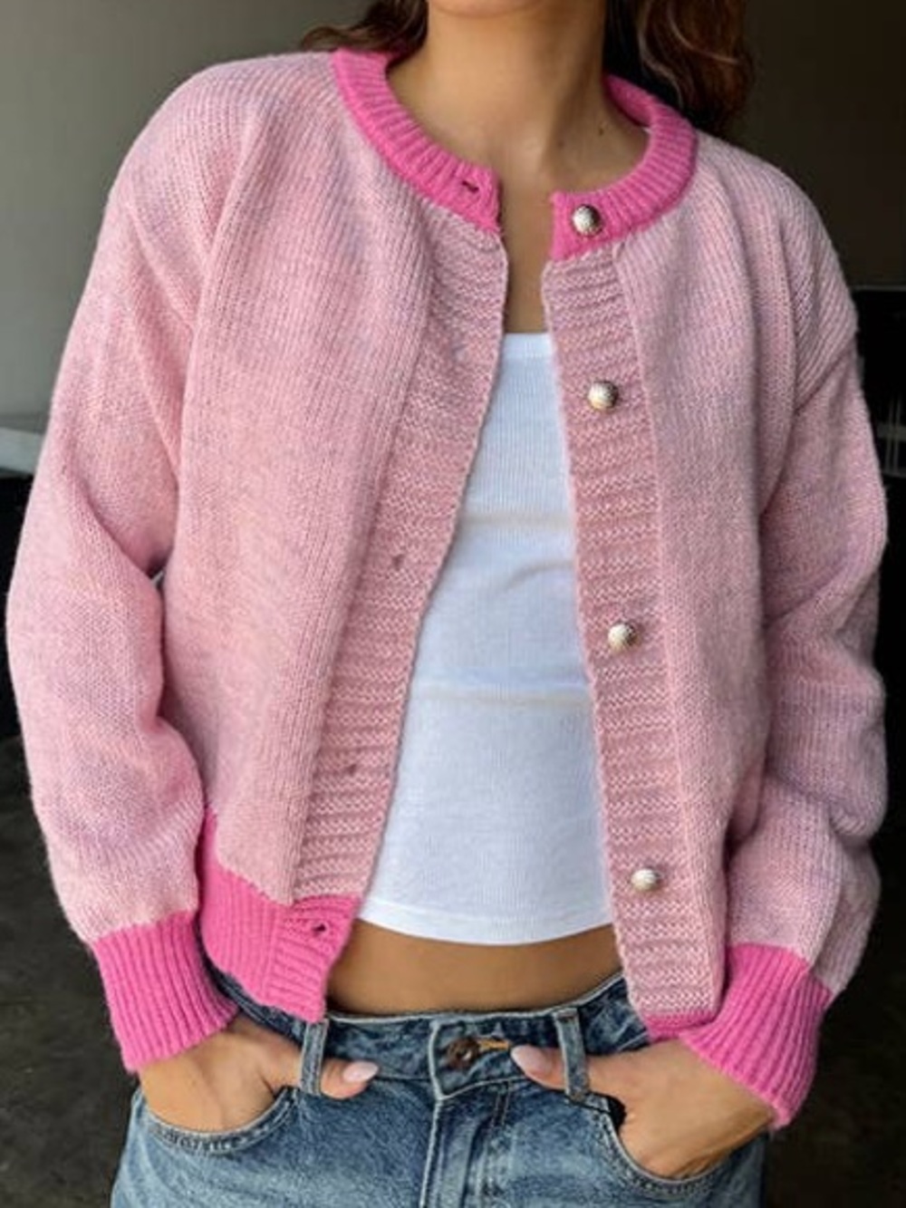 Freckle Los Angeles Women’s Colorblock Pink Cardigan Sweater- NWOT